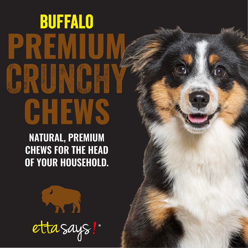 Etta Says Buffalo dog chew closeup texture highlights bite-friendly, teeth-cleaning potential.