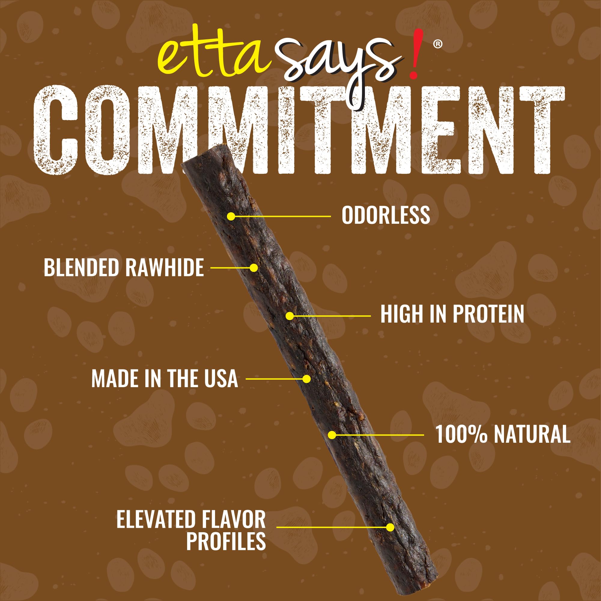 Etta Says Made-in-USA buffalo chew shot conveys natural ingredients and trusted production.