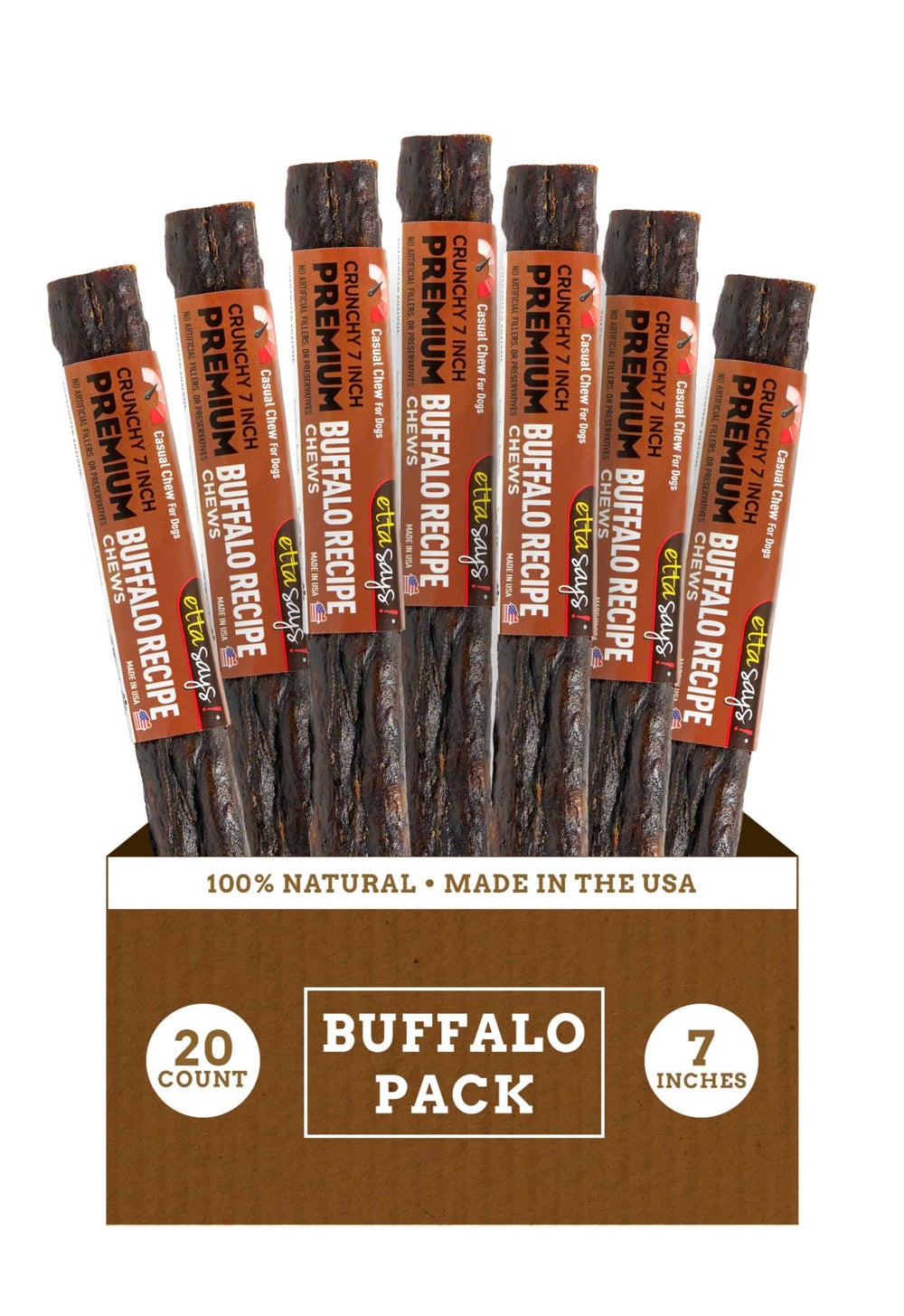 Etta Says Premium Crunchy 7in Buffalo Dog Chews pack offers grain-free, long-lasting chewing.