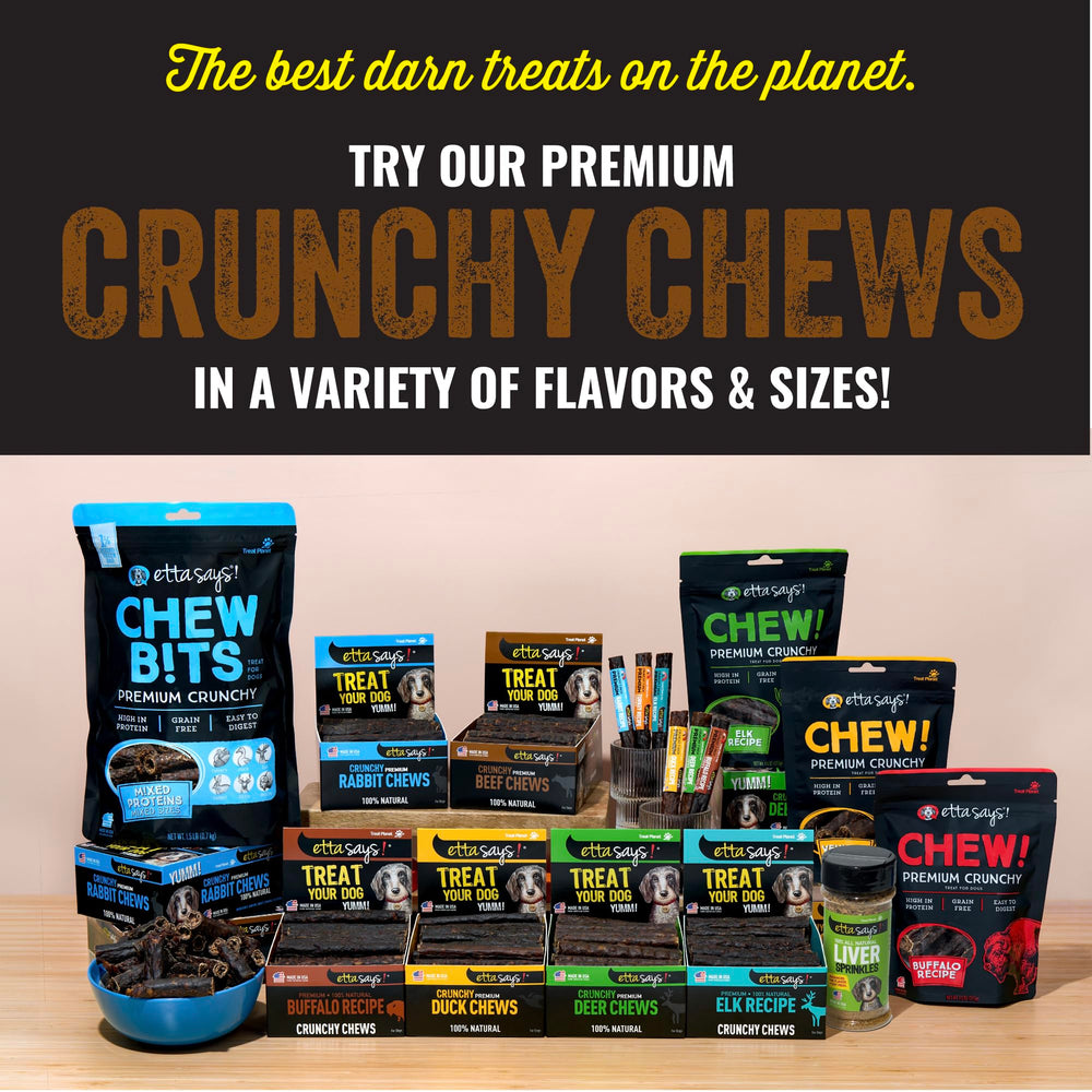 Etta Says premium buffalo-chew packaging shot signals USA-made quality and family-friendly treats.