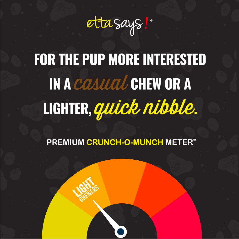 Etta Says buffalo bite closeup highlights grain-free sourcing and protein-rich chew time.