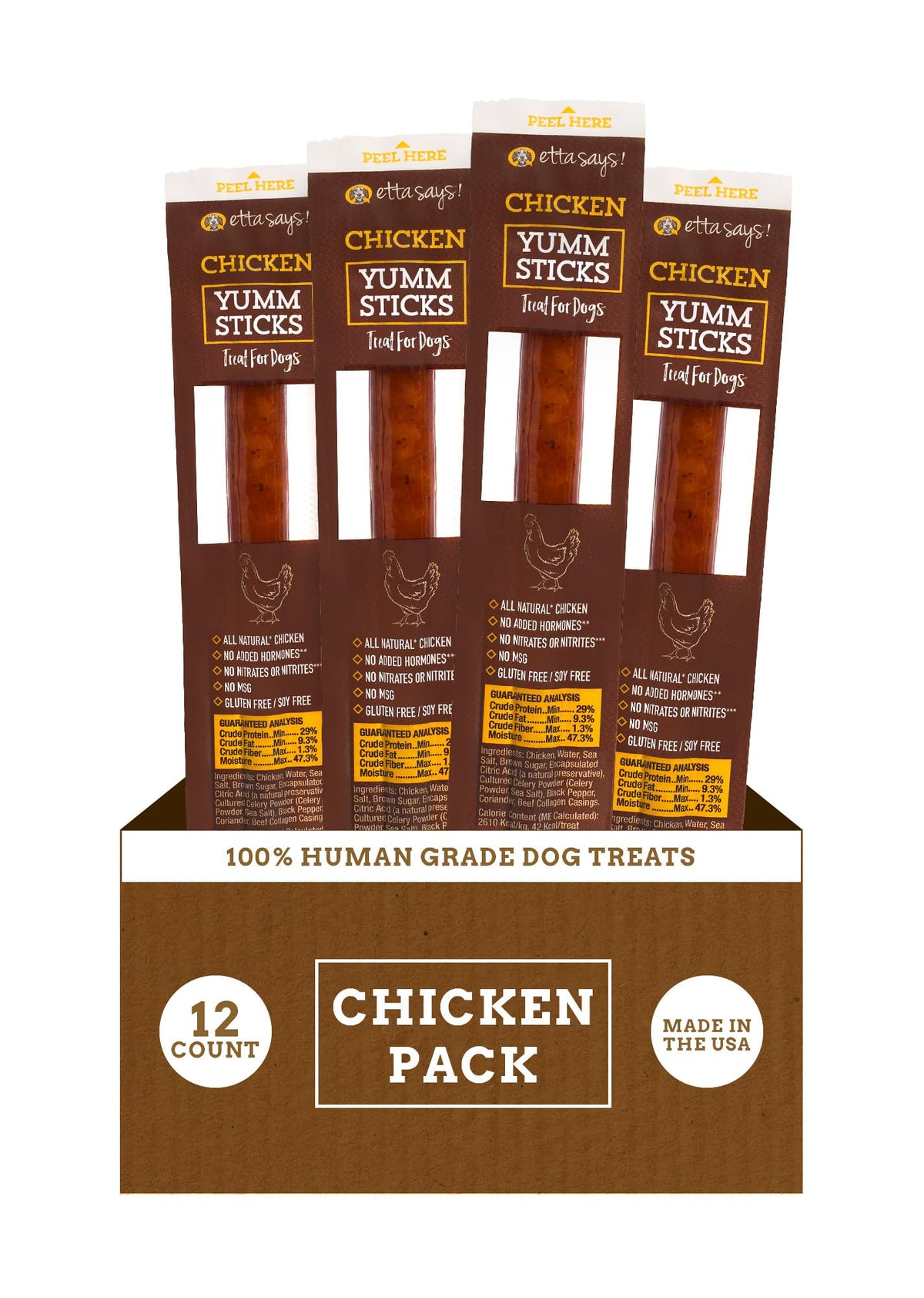 etta says! Yumm Sticks packaging shows USA-made chicken jerky training rewards