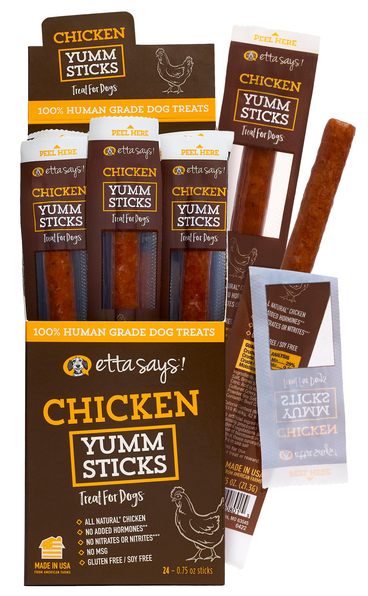 etta says! Yumm Sticks packaging front shows USA-made dog treats.