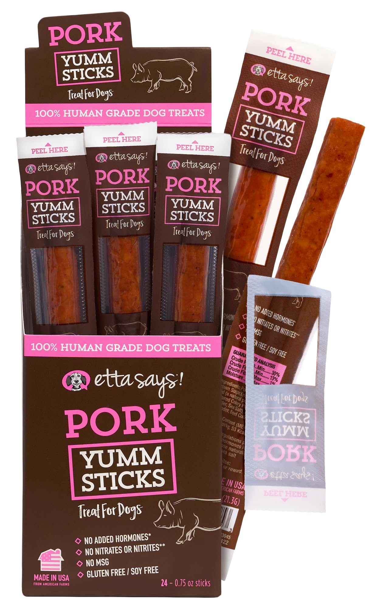 etta says Yumm Sticks pork jerky packaging highlights USA-made quality for training rewards