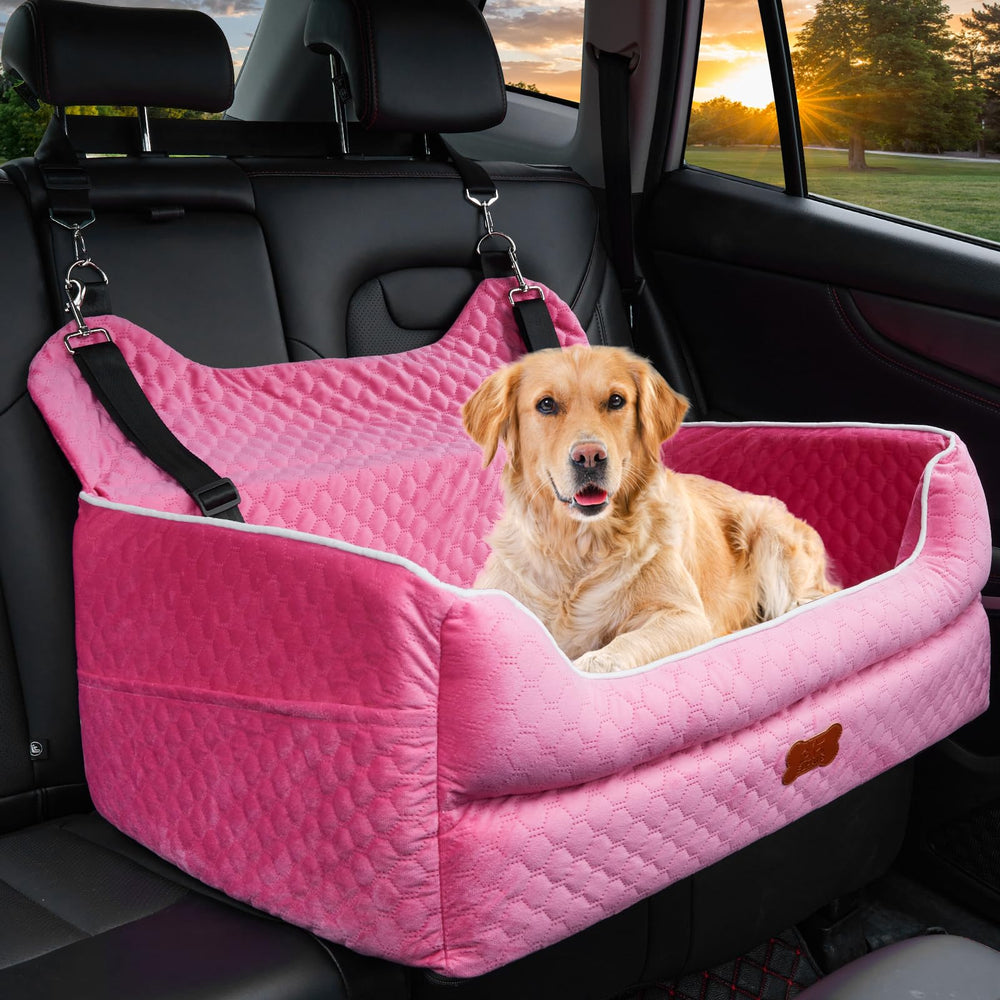 EUHAMS dog car seat back view highlights elevated view for calmer rides and better awareness.