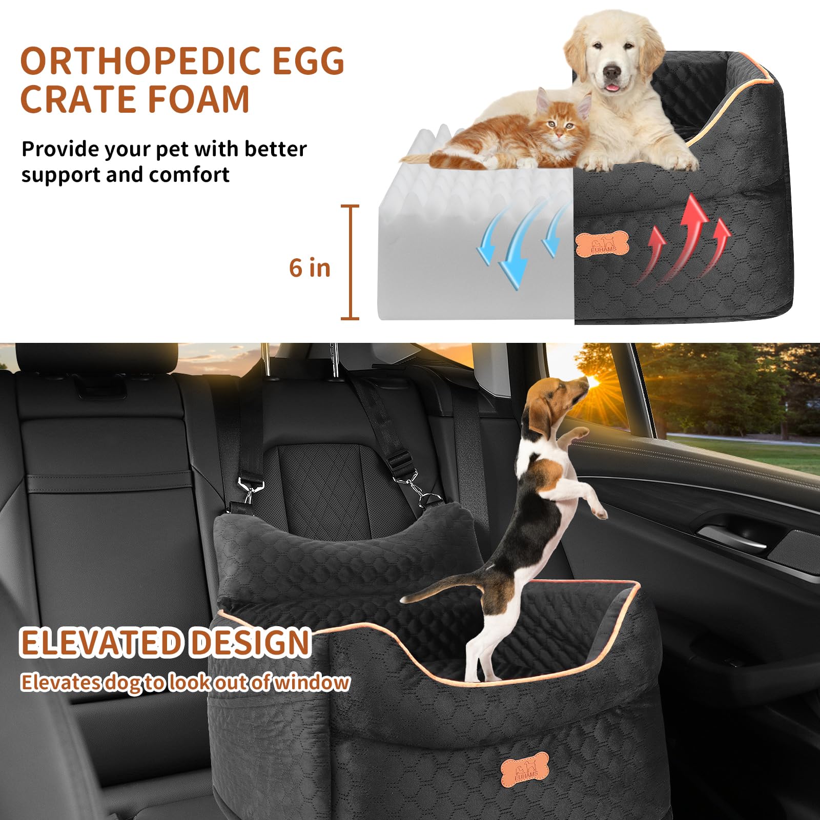 EUHAMS dog car seat front/back installation shows versatile mounting for secure trips.