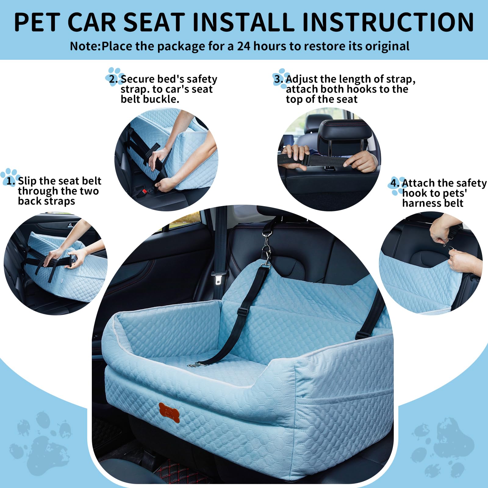 EUHAMS storage pockets on blue car seat for treats and essentials