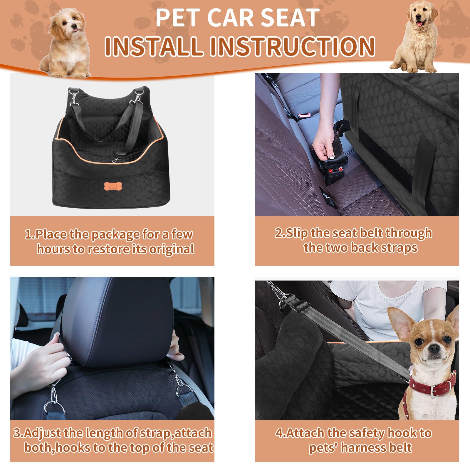 EUHAMS dog car seat with storage pockets keeps toys and treats within reach.