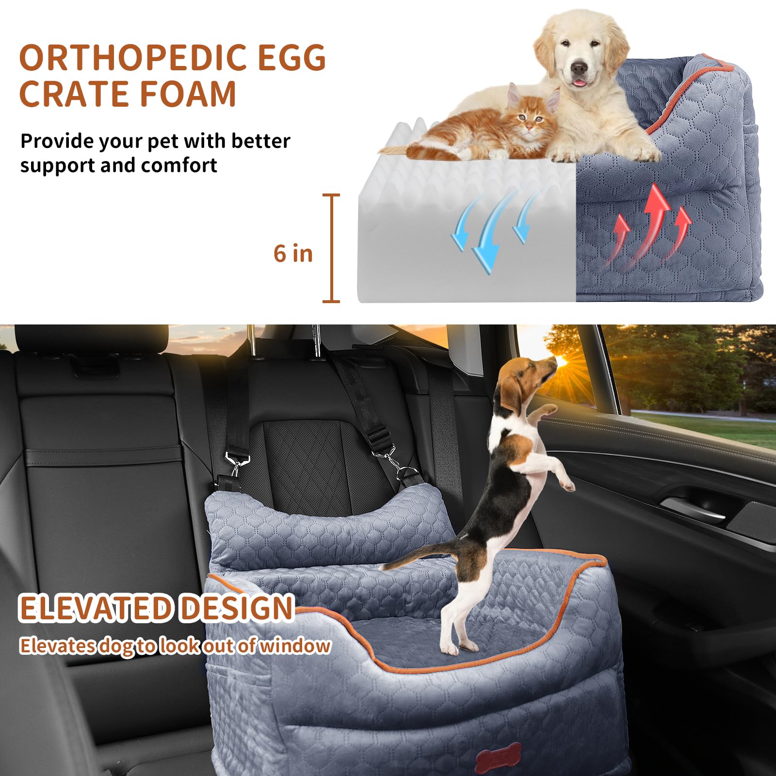 EUHAMS memory-foam dog car seat features soft velvet fabric for cozy travels.