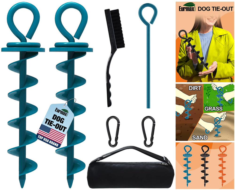 EURMAX navy-blue dog tie-out stake on grass for secure outdoor containment.