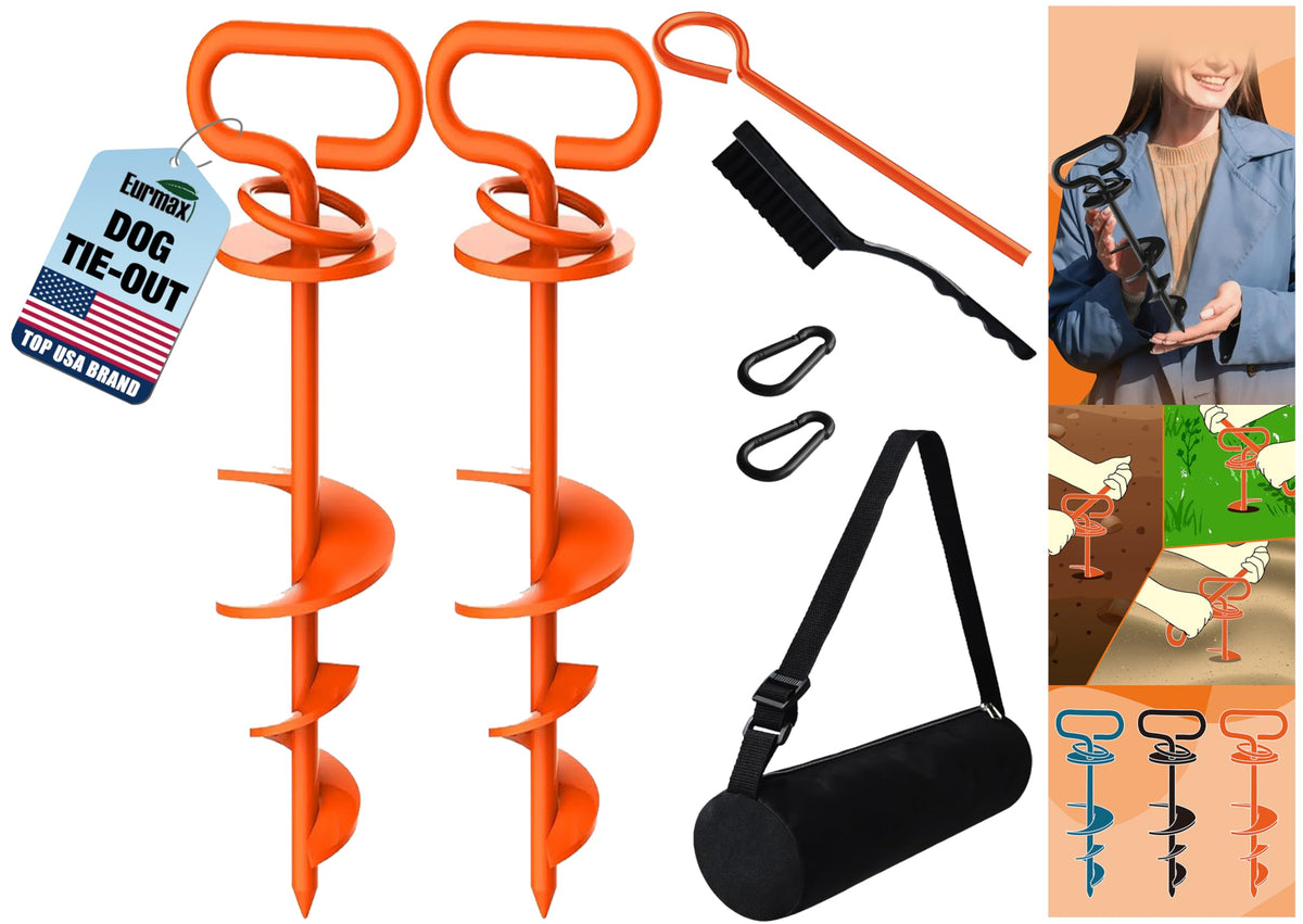 Eurmax dog tie out stake triple-lock orange ground setup for secure yard tethering.