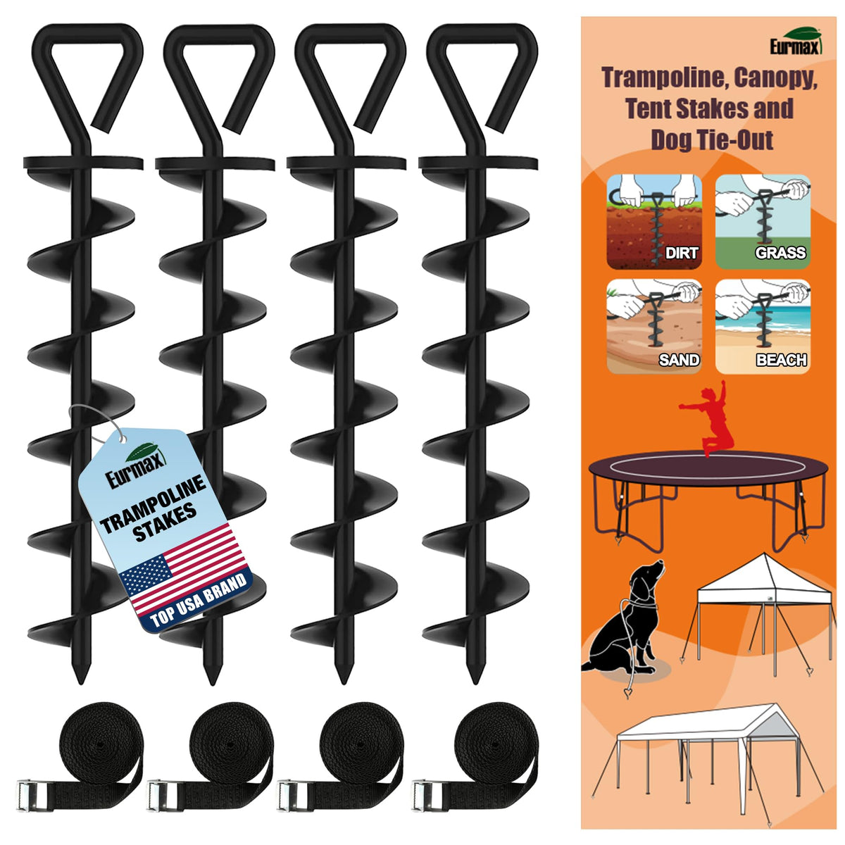 Eurmax trampoline stakes steel anchors securely hold trampolines outdoors.