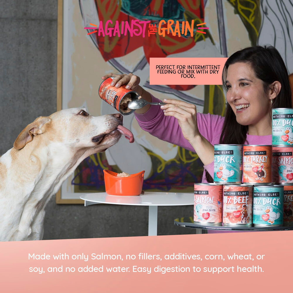 Evanger's Against The Grain salmon broth close-up highlights natural hydration and taste.