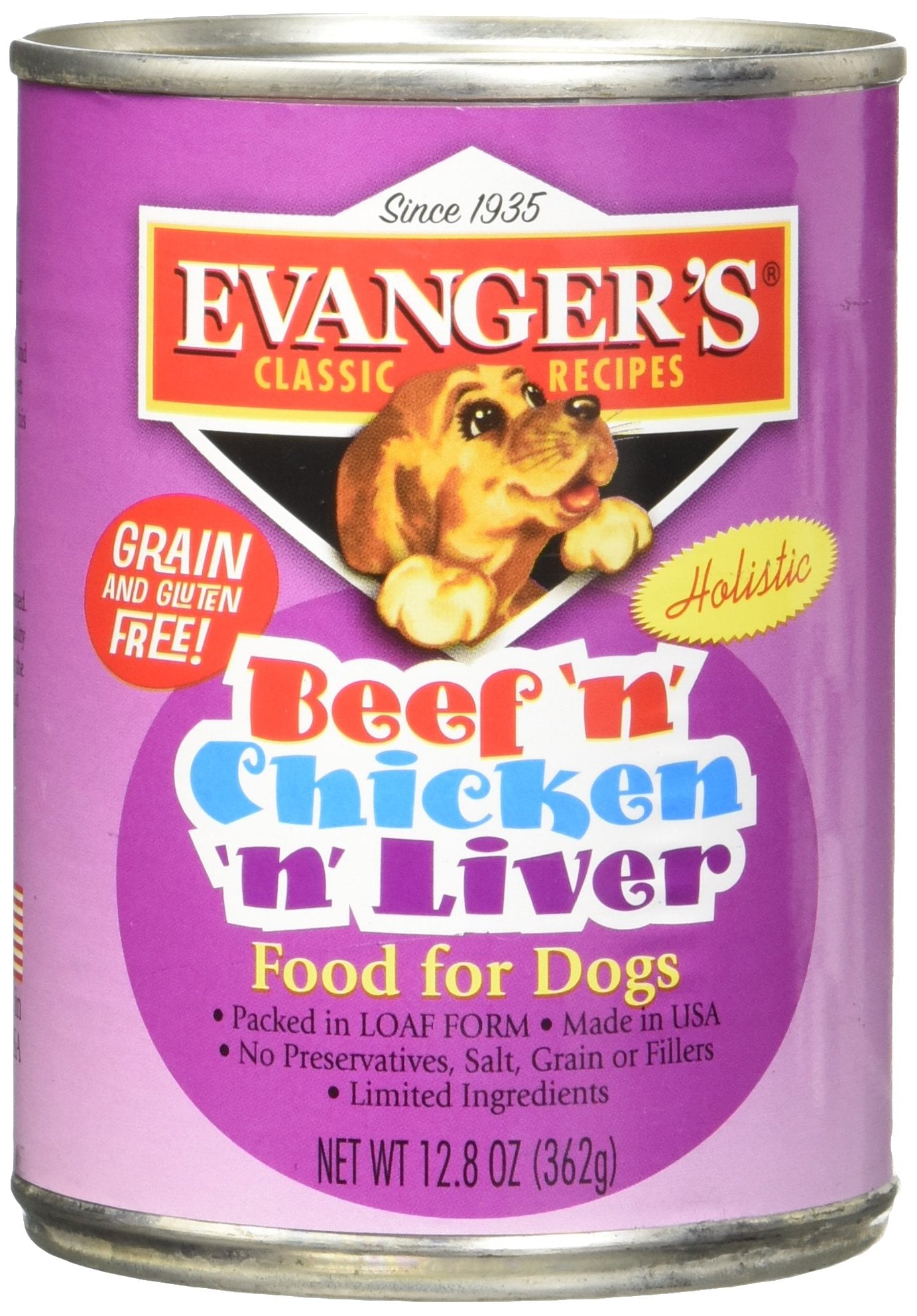 Evanger's Classic Beef-Chicken-Liver 13oz can closeup highlights wholesome meat for tasty nutrition.