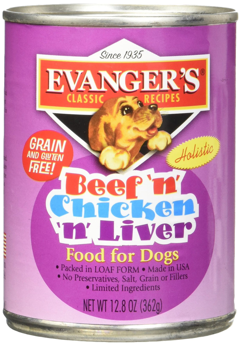 Evanger's Classic Beef-Chicken-Liver 13oz can closeup highlights wholesome meat for tasty nutrition.