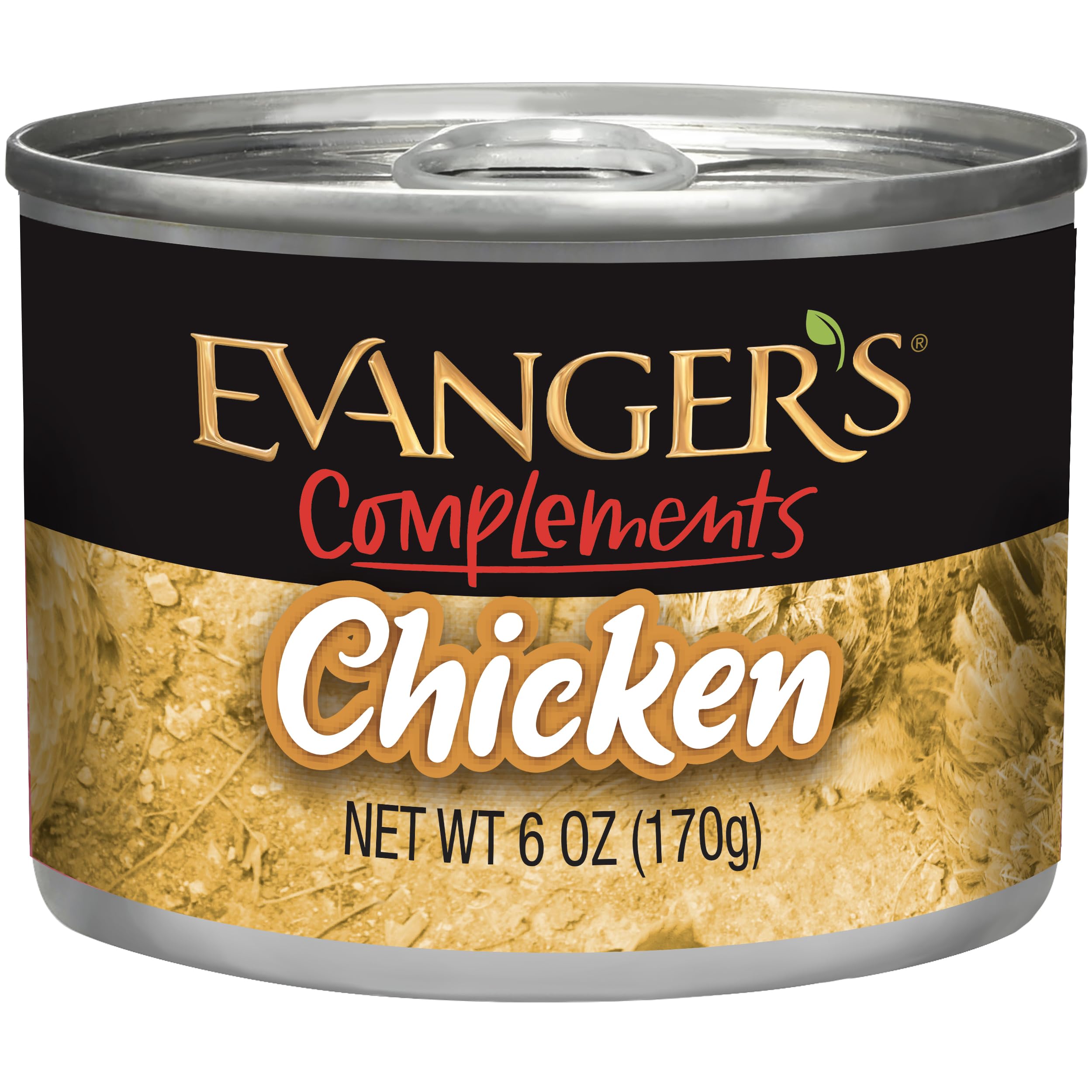 Evanger's Complements Chicken can closeup highlights single-protein nutrition for sensitive pets.
