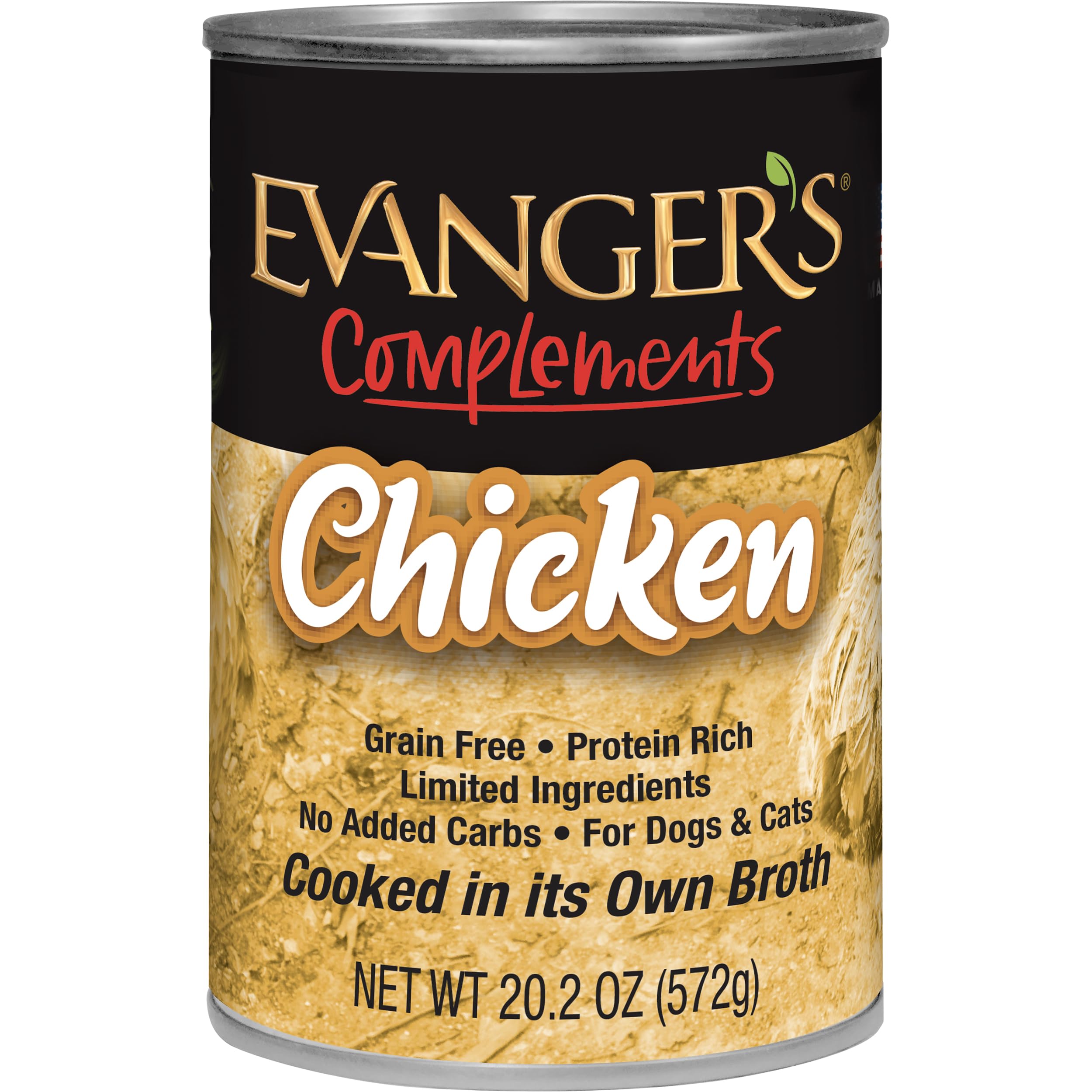 Evanger's Complements grain-free chicken can front view highlighting pure protein for sensitive pets.