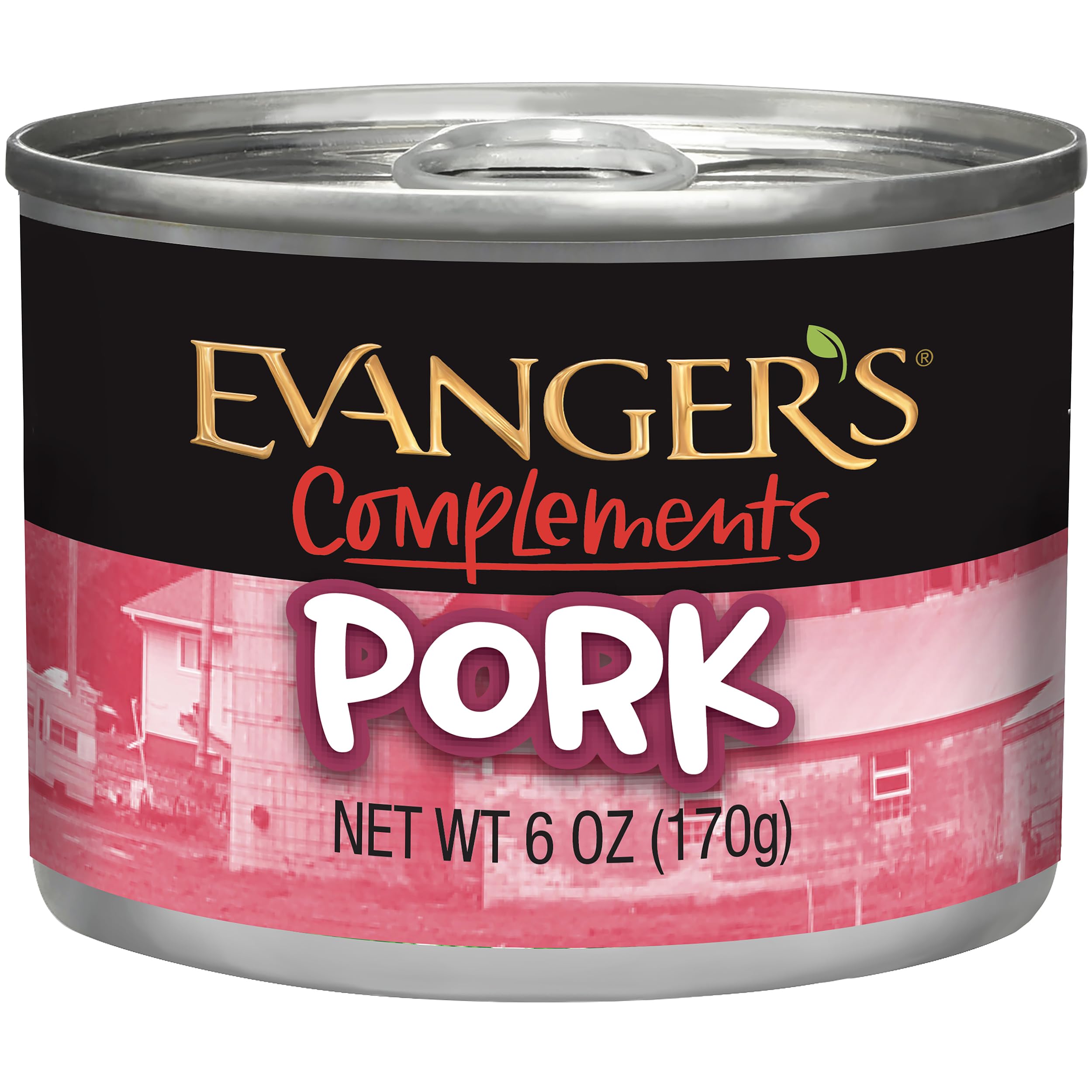 Evanger's Complements grain-free pork cans highlight pure protein for sensitive pets.