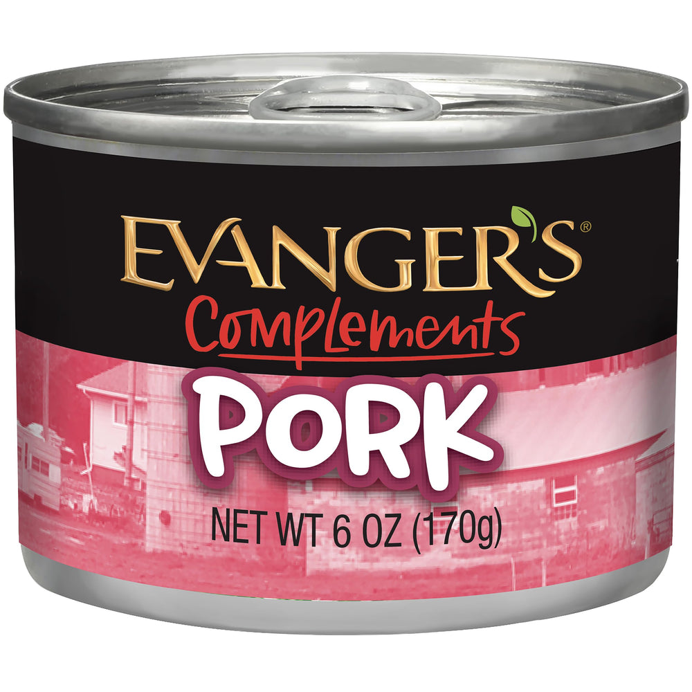 Evanger's Complements grain-free pork cans highlight pure protein for sensitive pets.