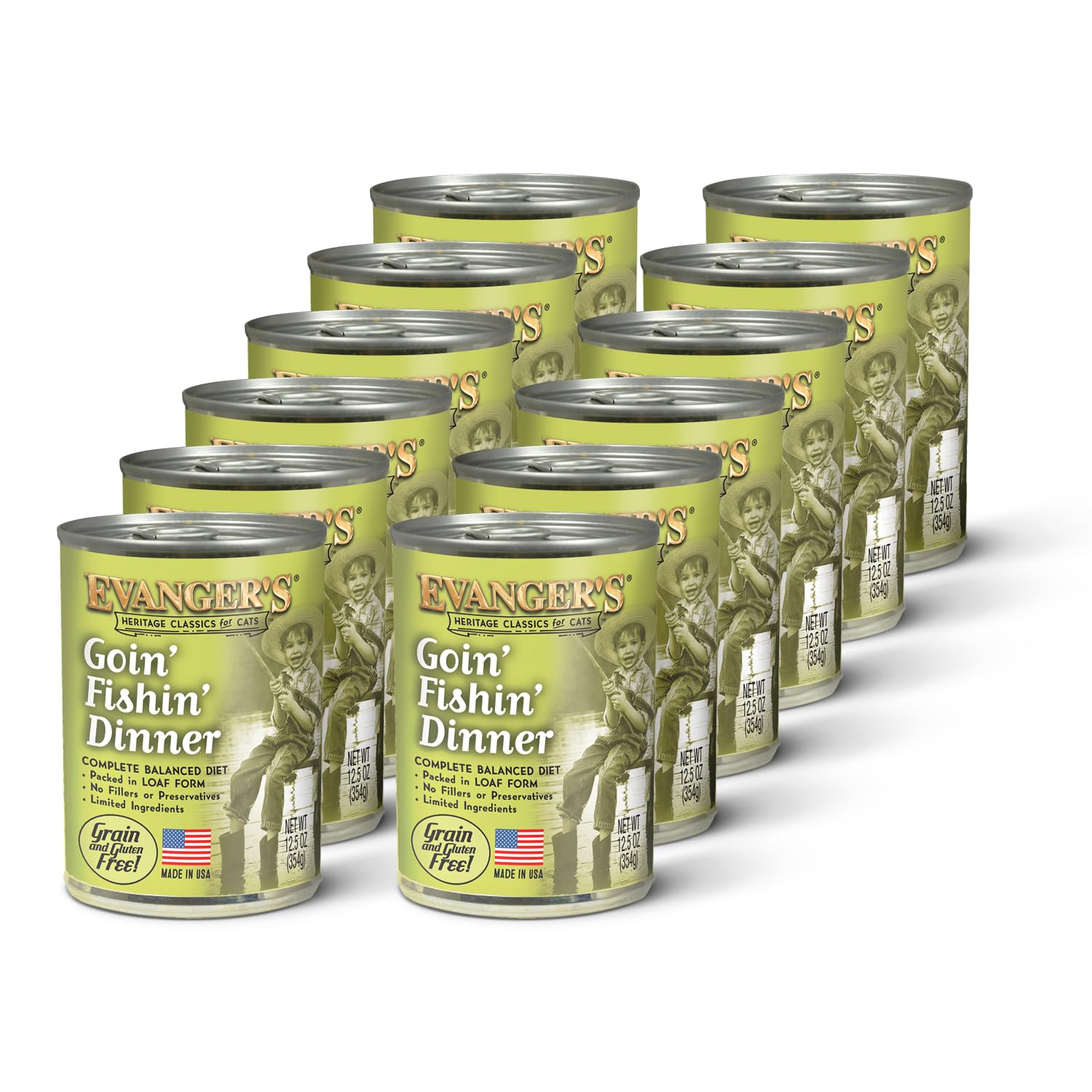 Evanger's Goin’ Fishin’ Dinner cans pack shows multi-cat value and wholesome nutrition.