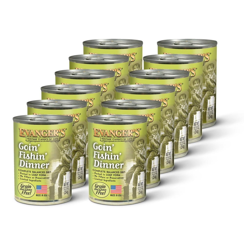 Evanger's Goin’ Fishin’ Dinner cans pack shows multi-cat value and wholesome nutrition.