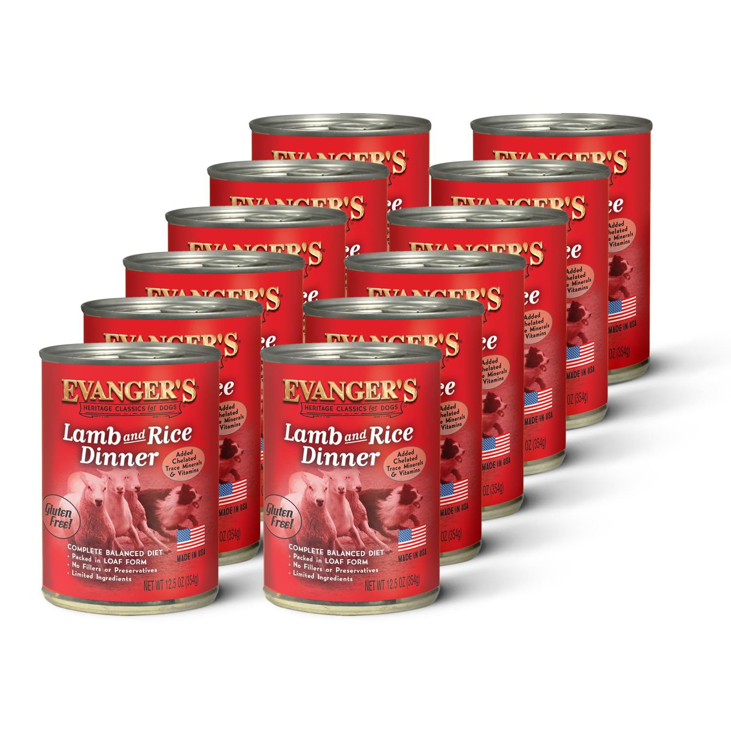 Evanger's Heritage Classic lamb-rice dinner can close-up showing protein for energy