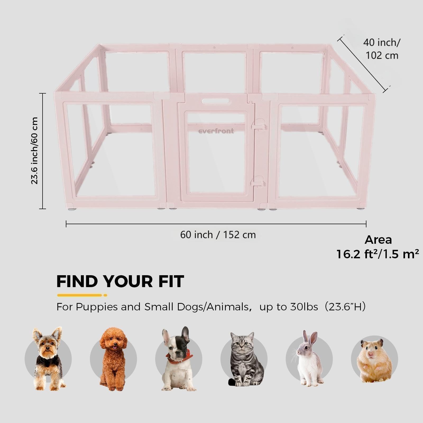 Everfront clear dog playpen in use demonstrates easy-clean, low-maintenance design.