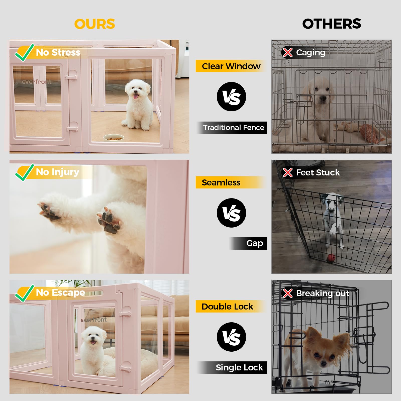 Everfront clear dog playpen interior view highlights spacious, safe pet enclosure.