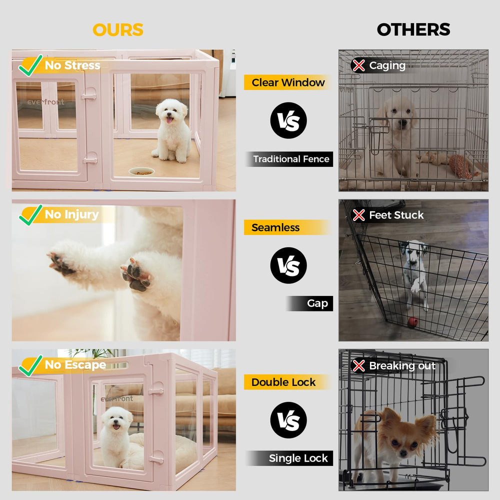 Everfront clear dog playpen interior view highlights spacious, safe pet enclosure.