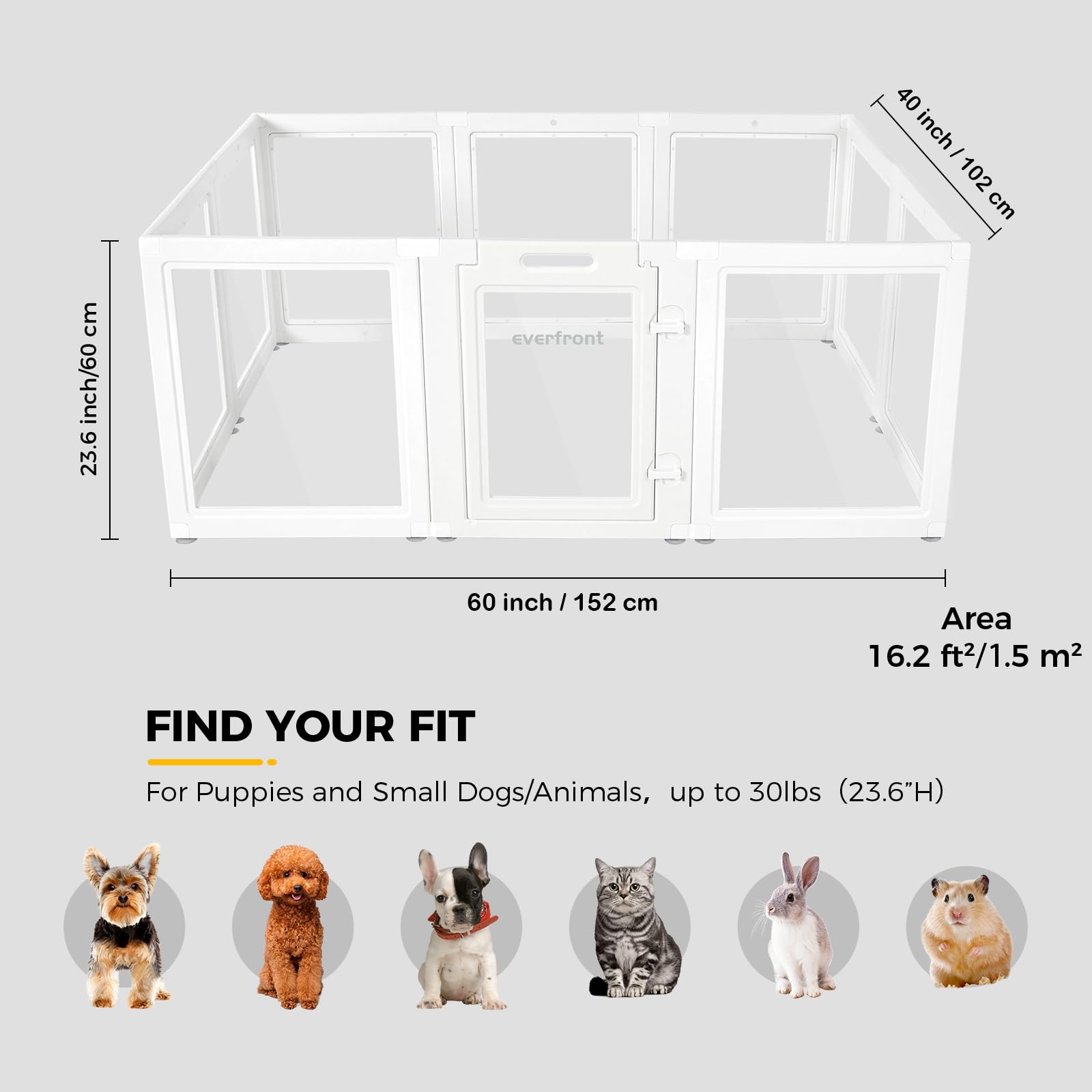 Everfront clear playpen shows 60x40 footprint and 23.6-inch height for flexible spaces.