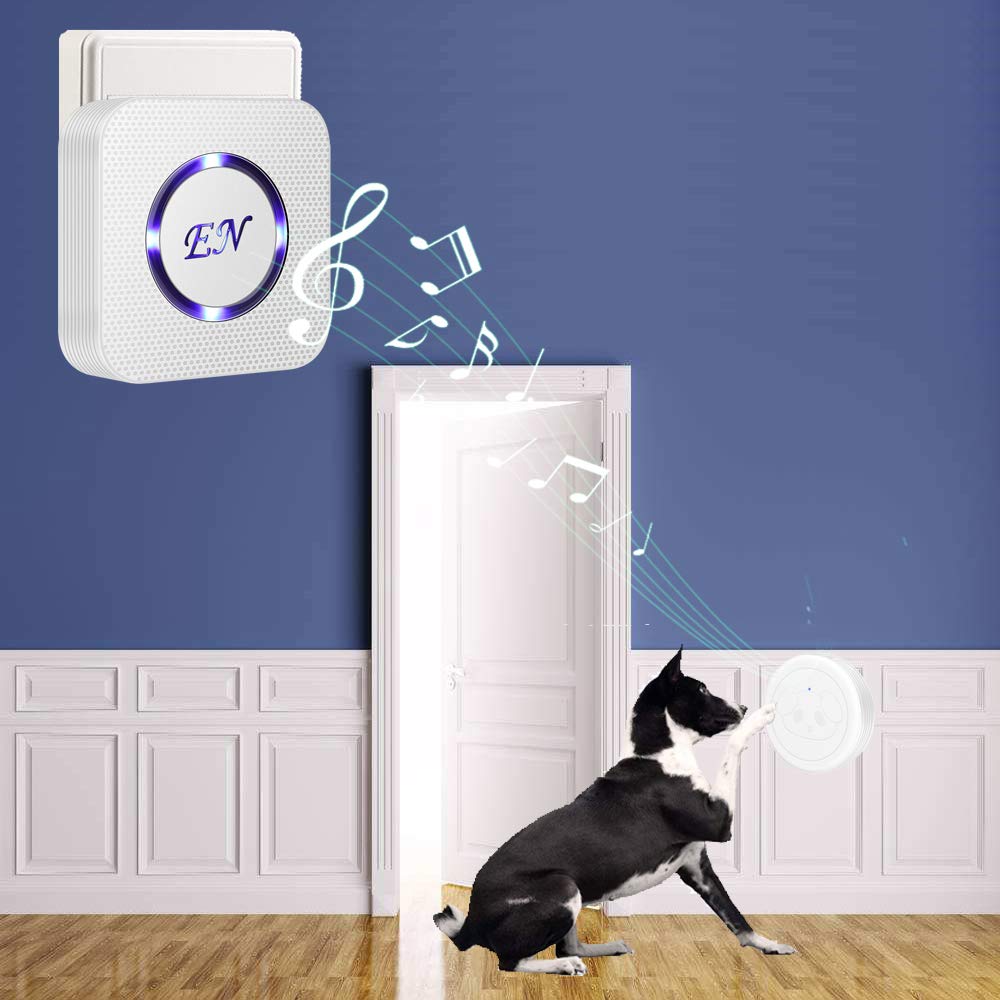 EverNary dog door bell transmitters mounted on door enabling simple training prompts.