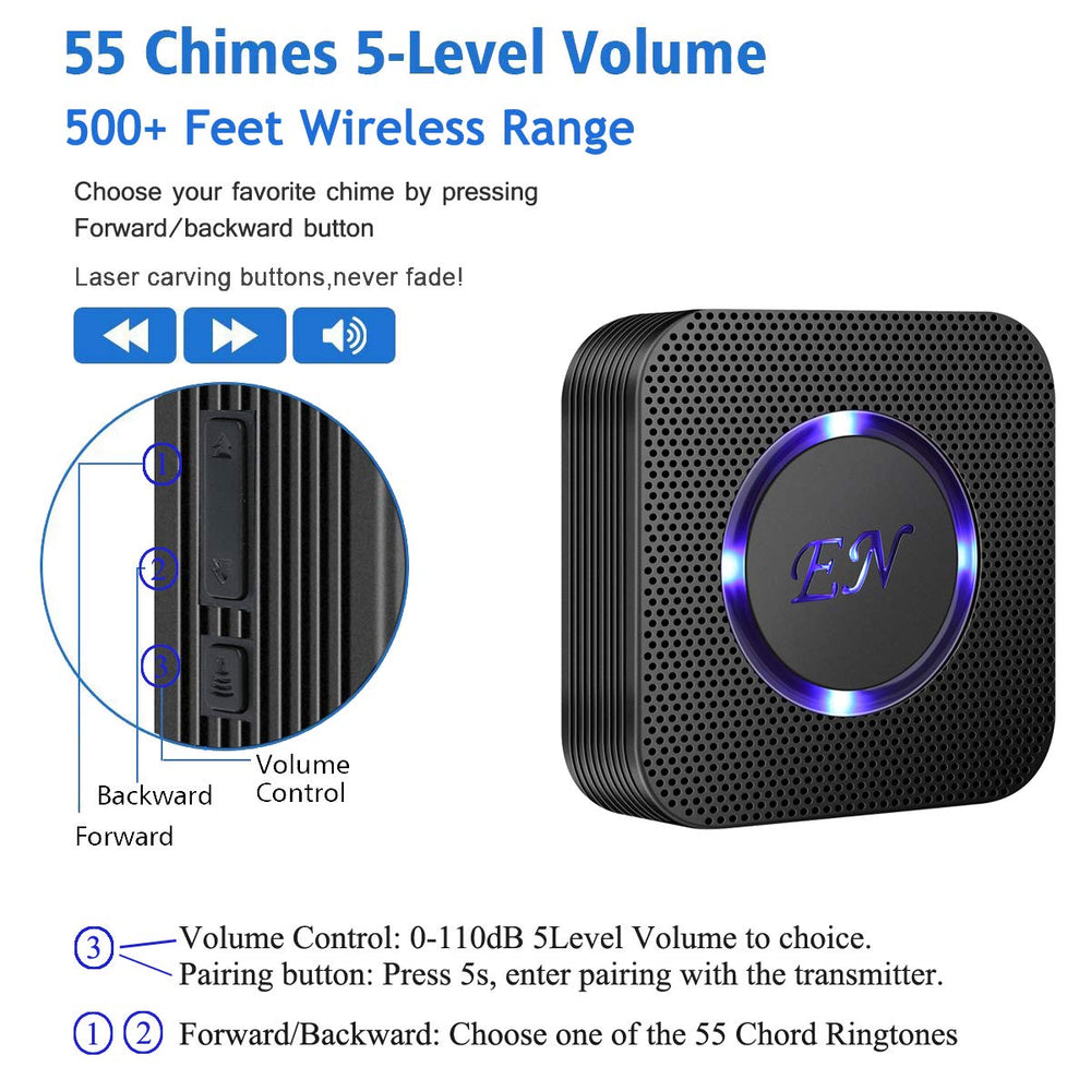 EverNary door bell with volume and ringtone options for customizable alerts.