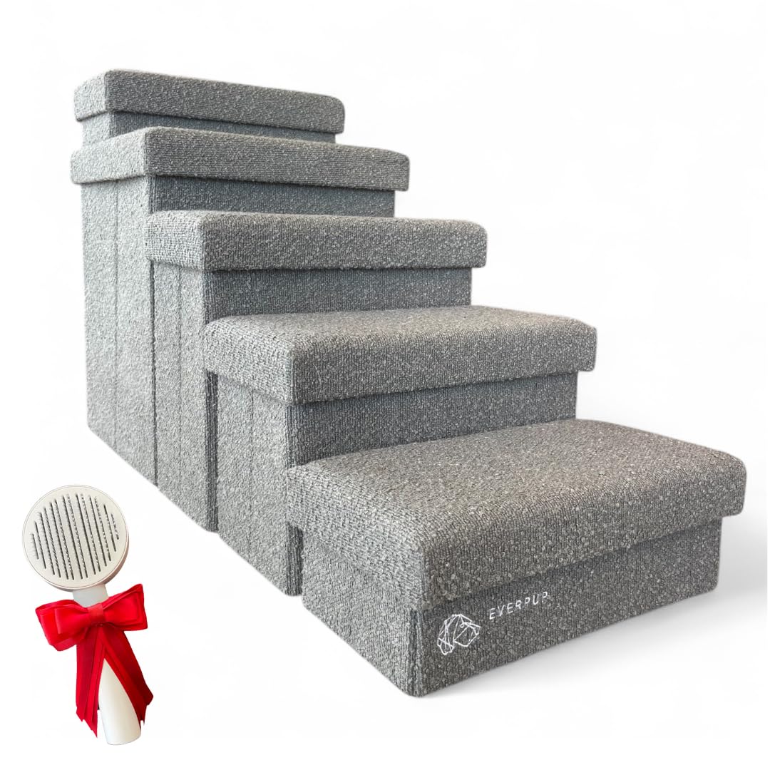 EVERPUP 5-step dog stairs on bed in light gray for easy access.