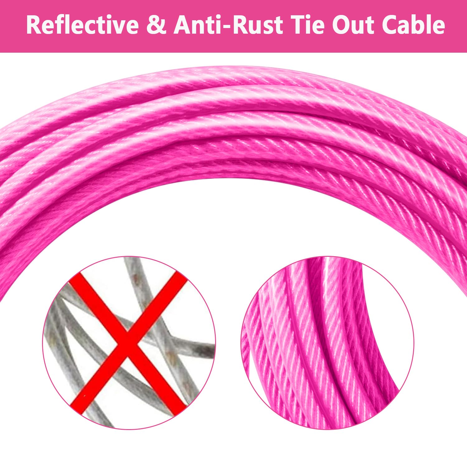 Evilplan pink dog tie-out cable provides visible safety outdoors.