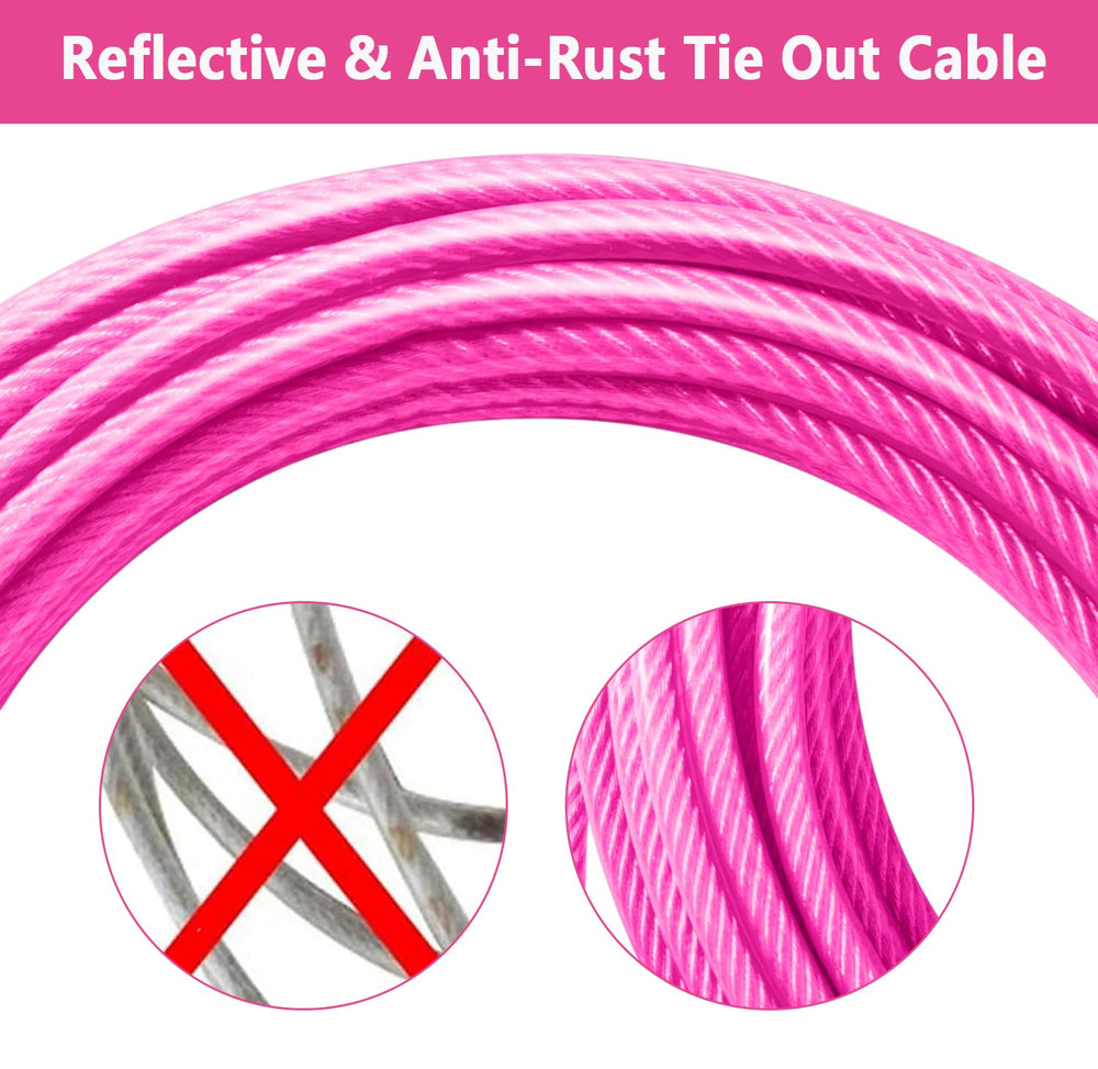 Evilplan pink dog tie-out cable provides visible safety outdoors.
