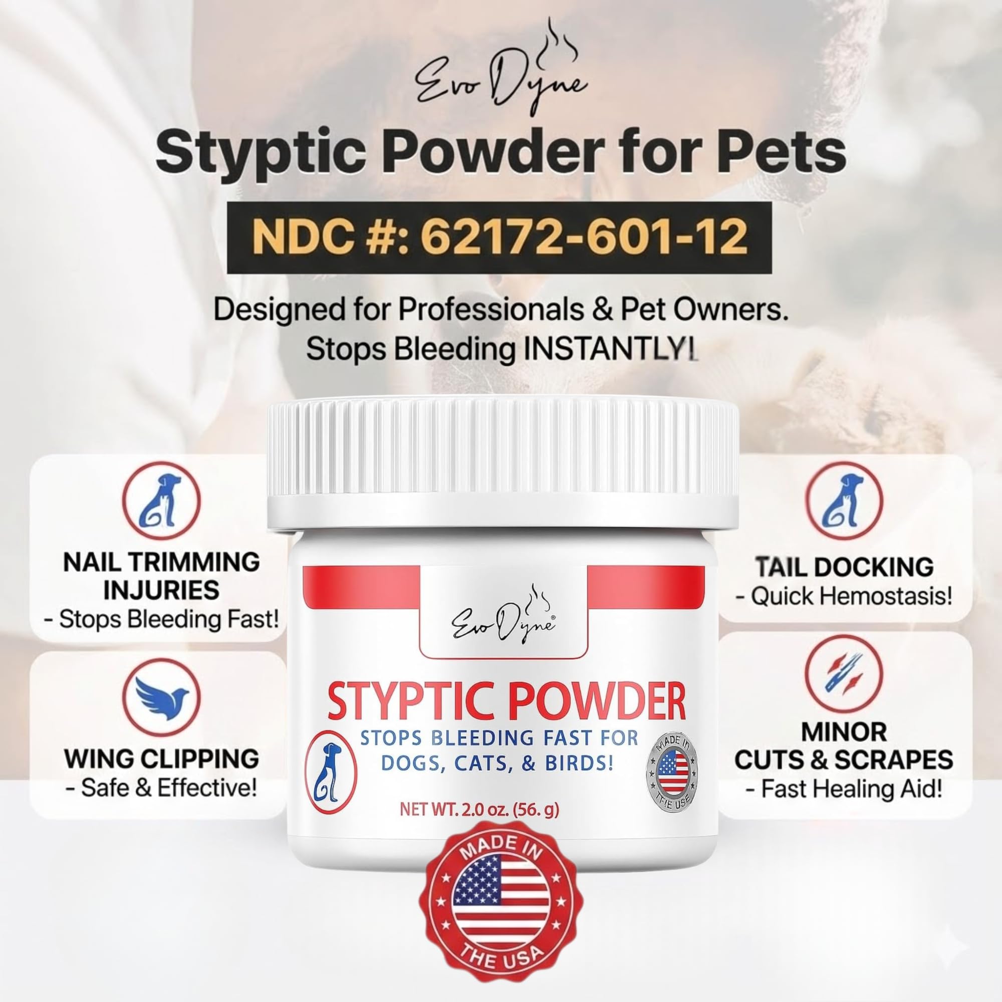 Polvo hemostático Evo Dyne para gatos aplica con seguridad durante el aseo