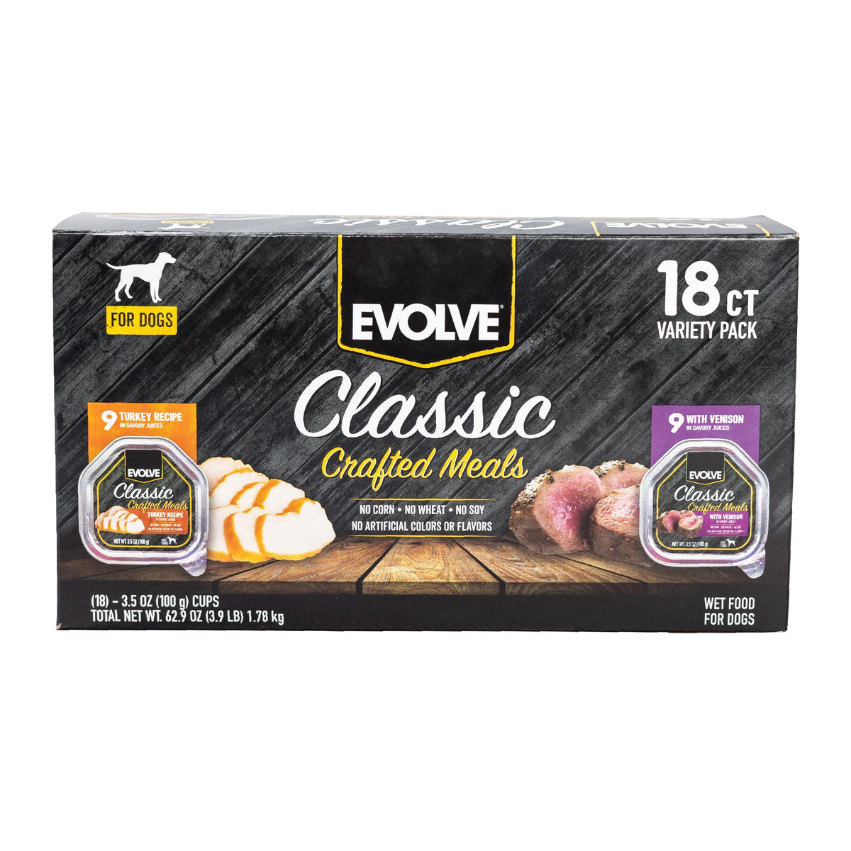 Evolve classic crafted meals turkey-venison wet dog food close-up, appetizing texture for mealtime