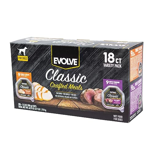 Evolve classic crafted meals turkey-venison wet dog food packaging, convenient 3.5 oz portions