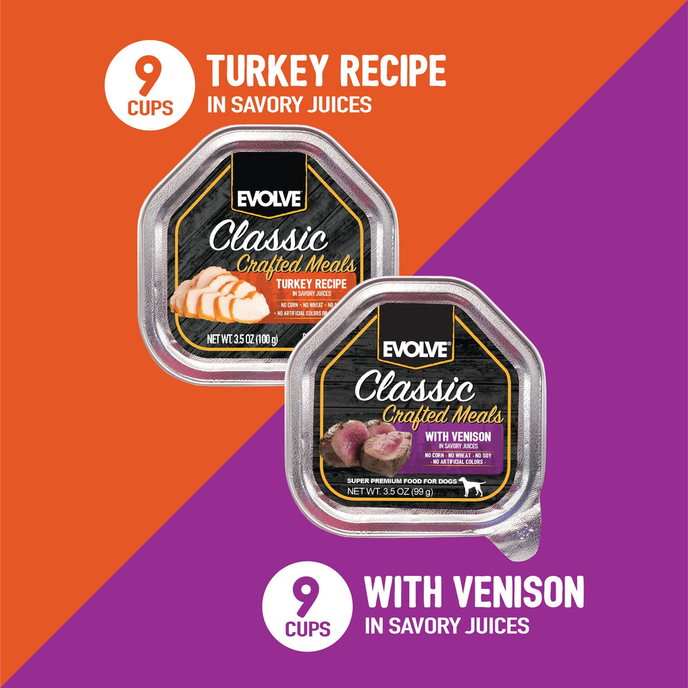 Evolve turkey-venison wet dog food pour shot, steady flow for easy serving