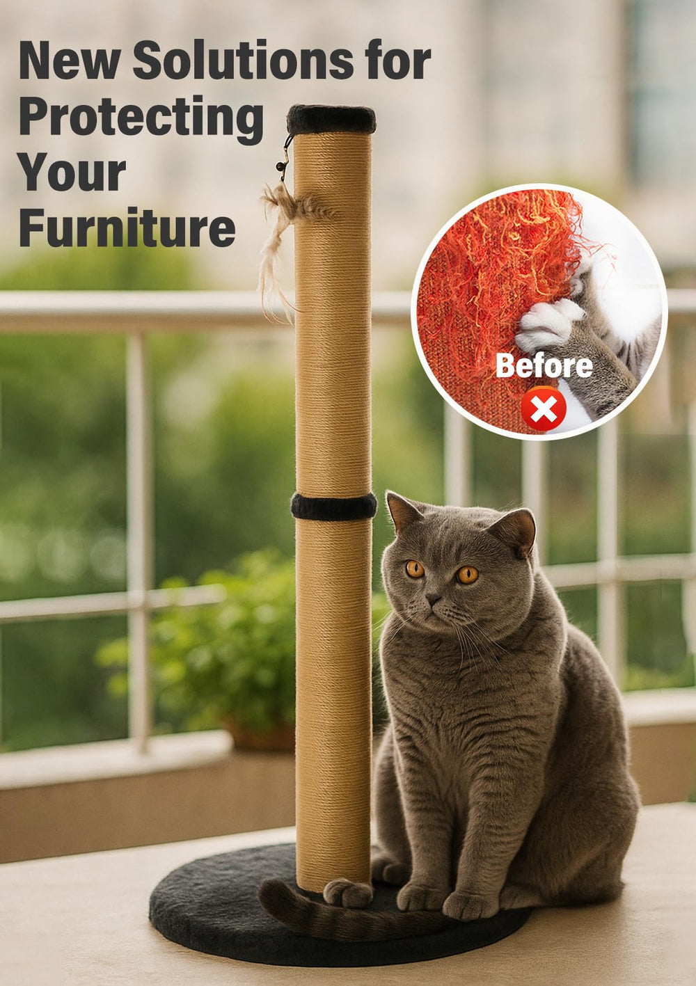 Cat stretching on Ewenono 34-inch scratching post in living room