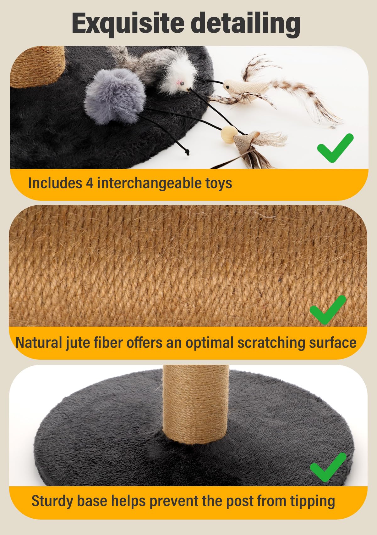 Stable plush base of Ewenono cat scratching post for confident play
