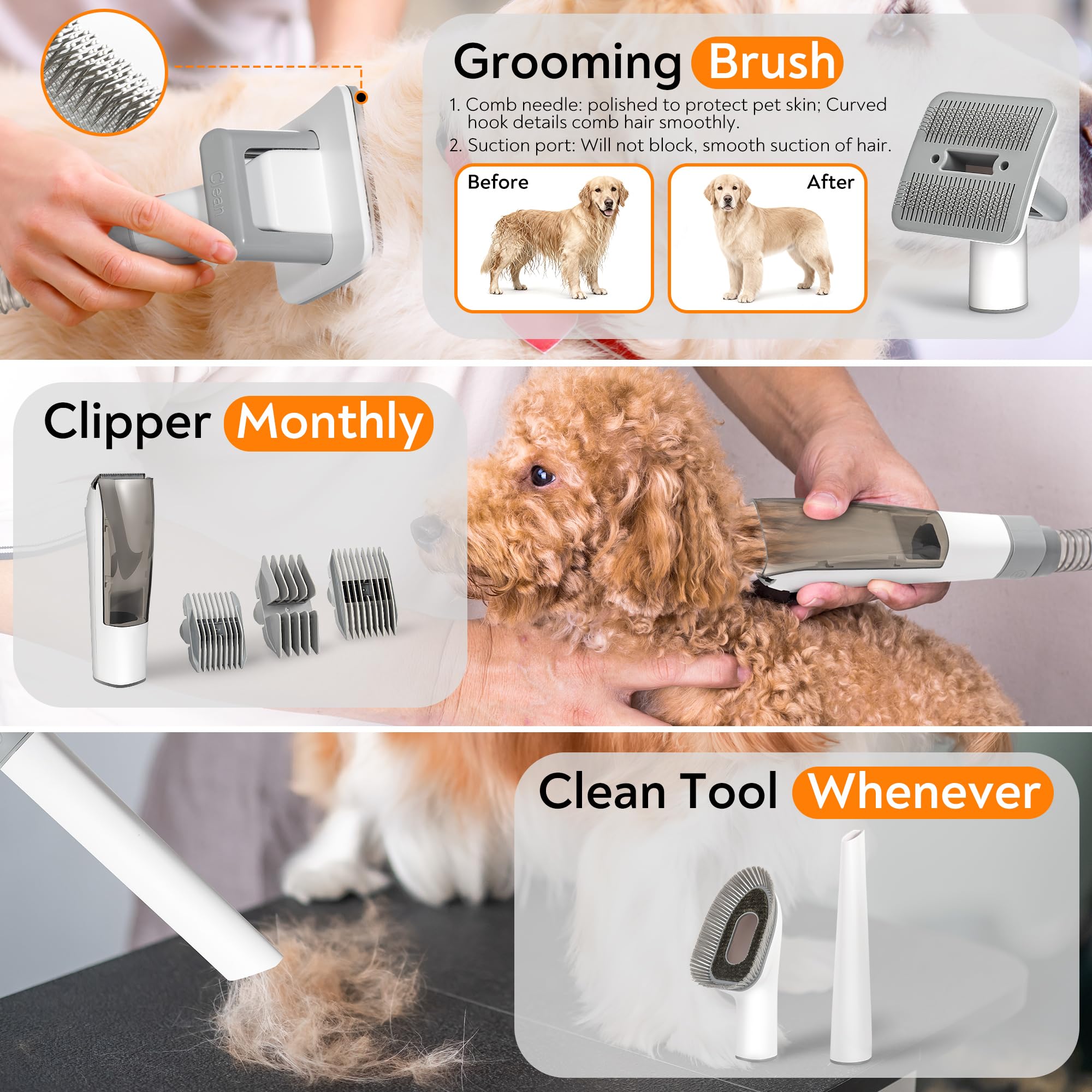ExcegBot pet grooming vacuum operates quietly to comfort pets.