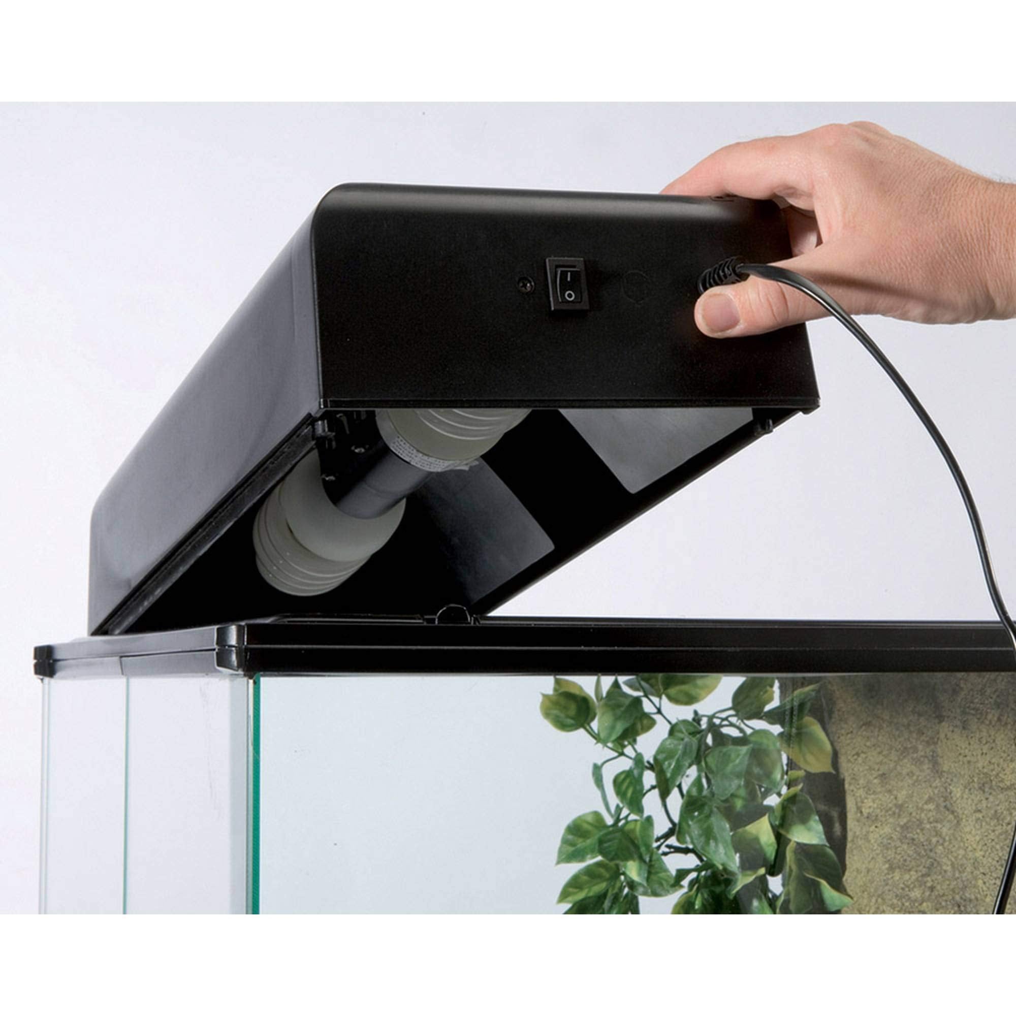 Exo Terra compact canopy with sliding rim for accessory mounting versatility.