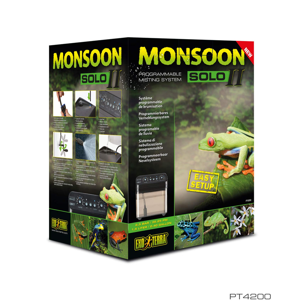 Exo Terra Monsoon Solo II terrarium setup shows practical misting for tropical habitats