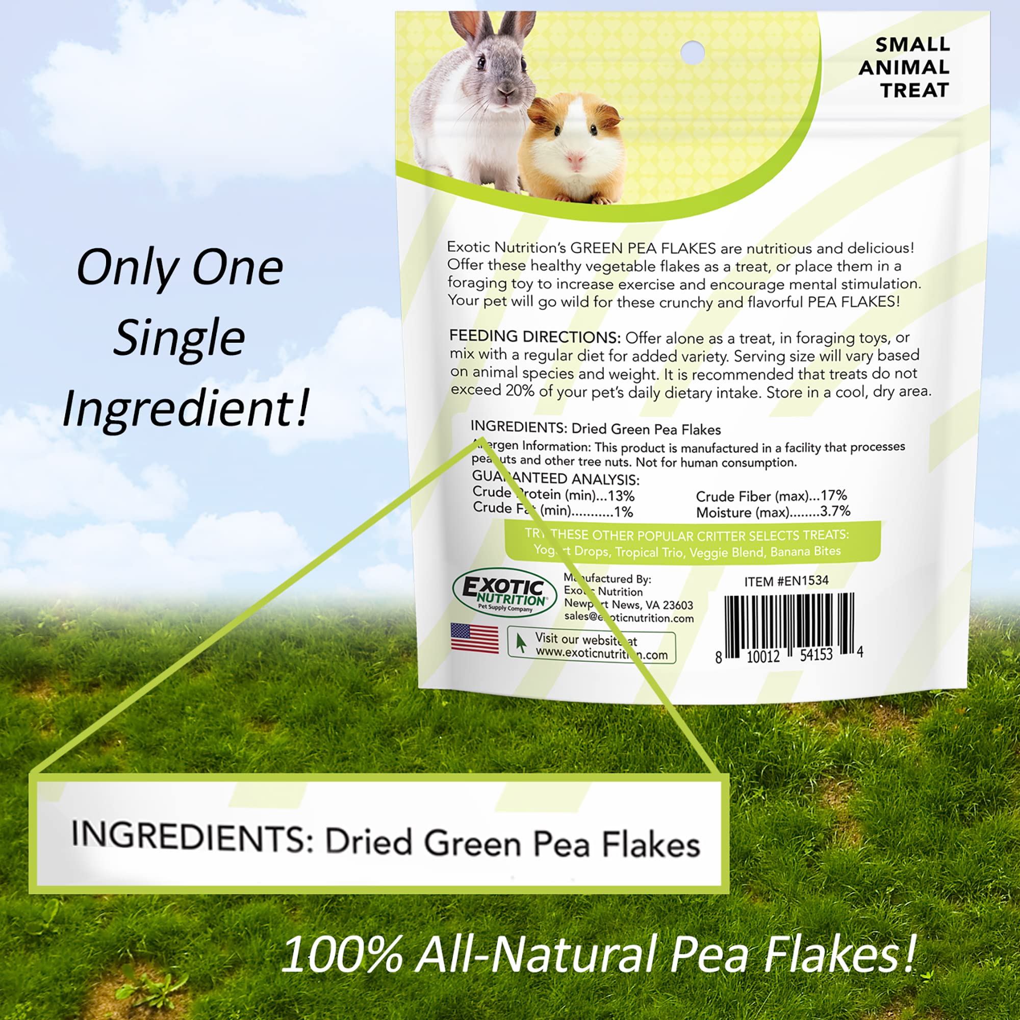 Exotic Nutrition Green Pea Flakes close-up texture emphasizing crisp, pea scent