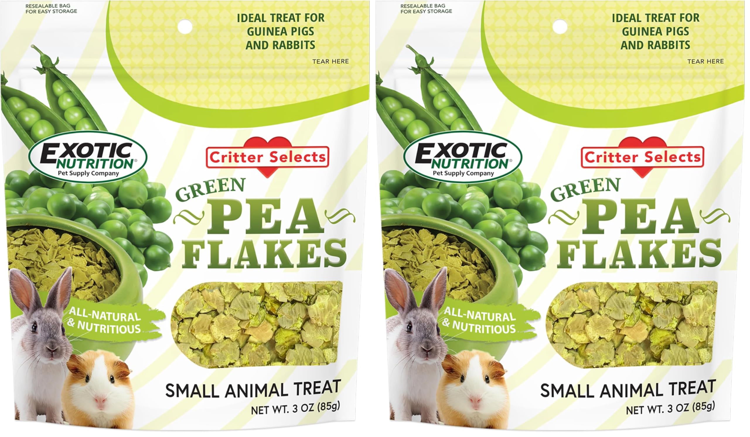 Exotic Nutrition Green Pea Flakes pack-front highlighting twin-pack convenience for small pets
