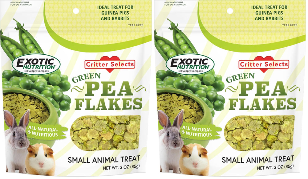 Exotic Nutrition Green Pea Flakes pack-front highlighting twin-pack convenience for small pets