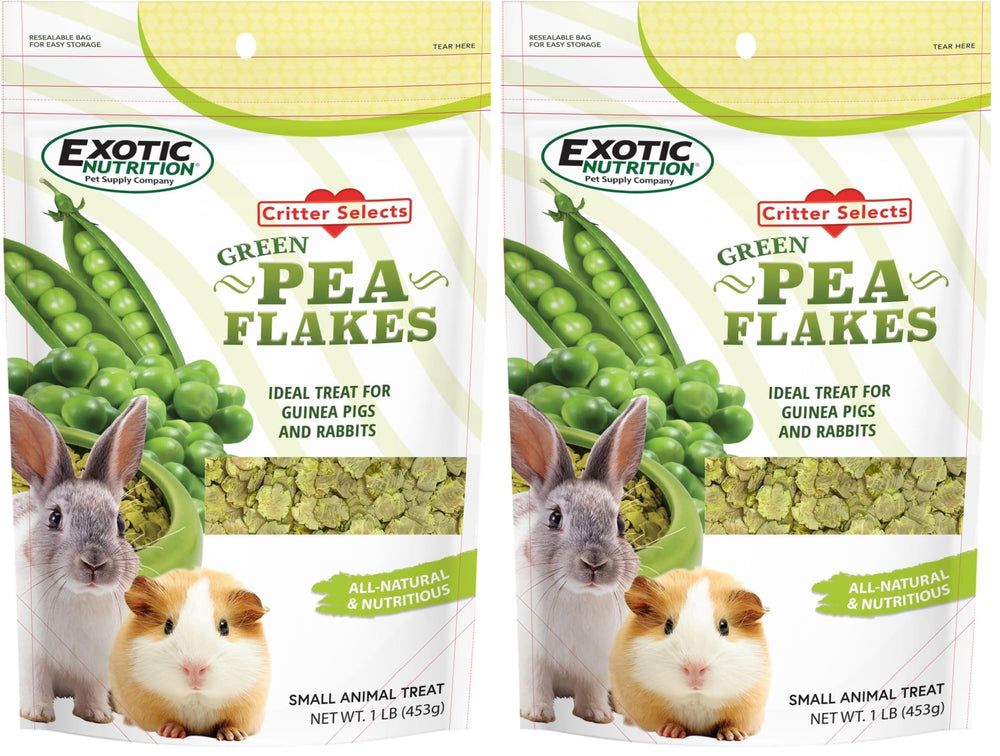 Exotic Nutrition green pea flakes packaging—quick training rewards for small pets.