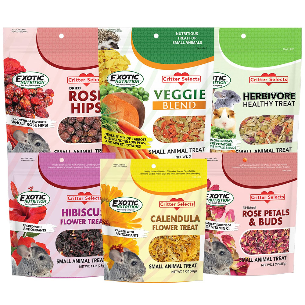 Exotic Nutrition Herbivore Treats 6 Pack foraging toys bite-sized pieces fuel foraging play.