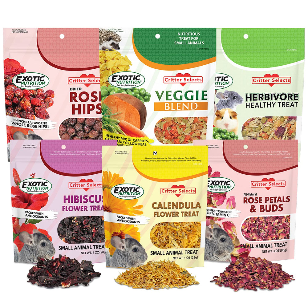 Exotic Nutrition Herbivore Treats 6 Pack variety pack with colorful bites for diverse snacking.